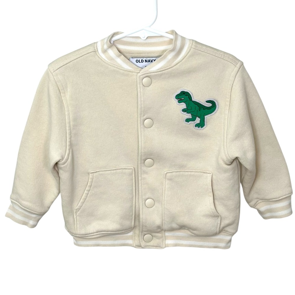 Old Navy Varsity Jacket Toddler 2T Cream Dinosaur Patch Bomber Sweatshirt
